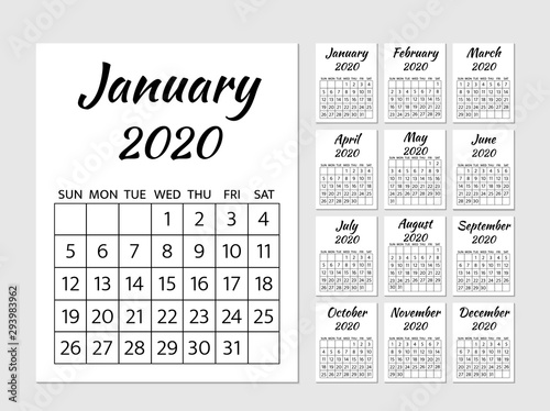 Calendar 2020 week starts on Sunday. Wall calendar typography poster. Minimalistic design Monthly planner template. Vector set of 12 page. Stationery for education, office, and planning a routine.