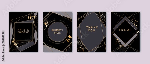 Modern card design. Hand drawn splatters. Gold, black, grey brochure, flyer, invitation template. Business identity style. Geometric shape, artistic frame. Vector.