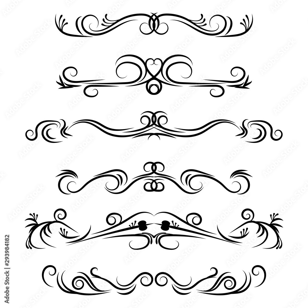 Hand drawn vector dividers. Decorative swirls lines, flourished borders and curl set. Design elements 7