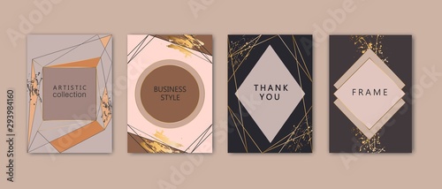 Modern card design. Gold, grey, beige colors brochure, flyer, wedding invitation template. Business identity style. Geometric shape. Vector.