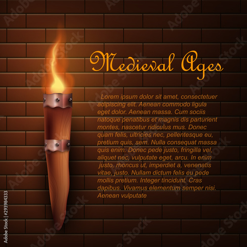 Medieval ages wooden torch with realistic fire hanging on brick wall