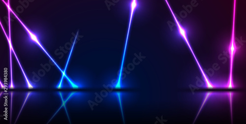 Blue and ultraviolet neon laser lines with reflection. Abstract rays technology retro background. Futuristic glowing graphic design. Modern vector illustration