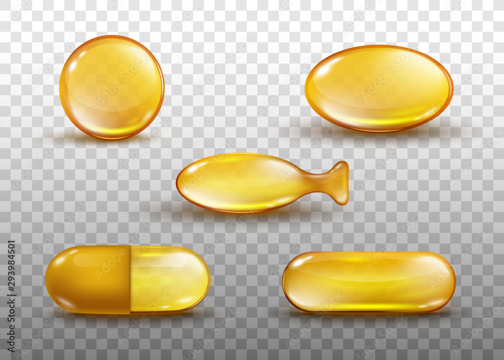 Golden oil capsule set - realistic shiny medicine pills with gold yellow fish oil - obrazy, fototapety, plakaty 