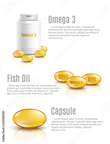 Omega 3 pill bottle mockup, gold fish oil supplements with DHA and EPA