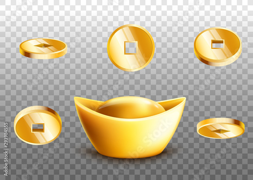 Chinese golden ingot and gold coins set isolated on transparent background