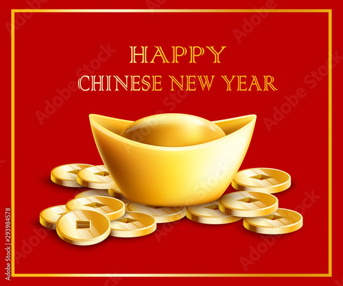 Happy Chinese New Year text with gold ingot and coins 3d vector illustration.