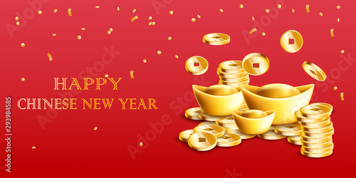Happy Chinese New Year card with golden ingots and gold coins