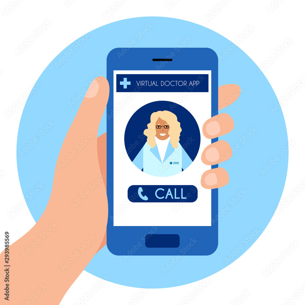 hand holding phone with virtual medicine app on screen. Online consultation with the doctor by video call. Remote diagnostics. Vector illustration in the style of hand drawn flat. hand holding phone with virtual medicine app on screen. Online consultation with the doctor by video call. Remote diagnostics. Vector illustration in the style of hand drawn flat.