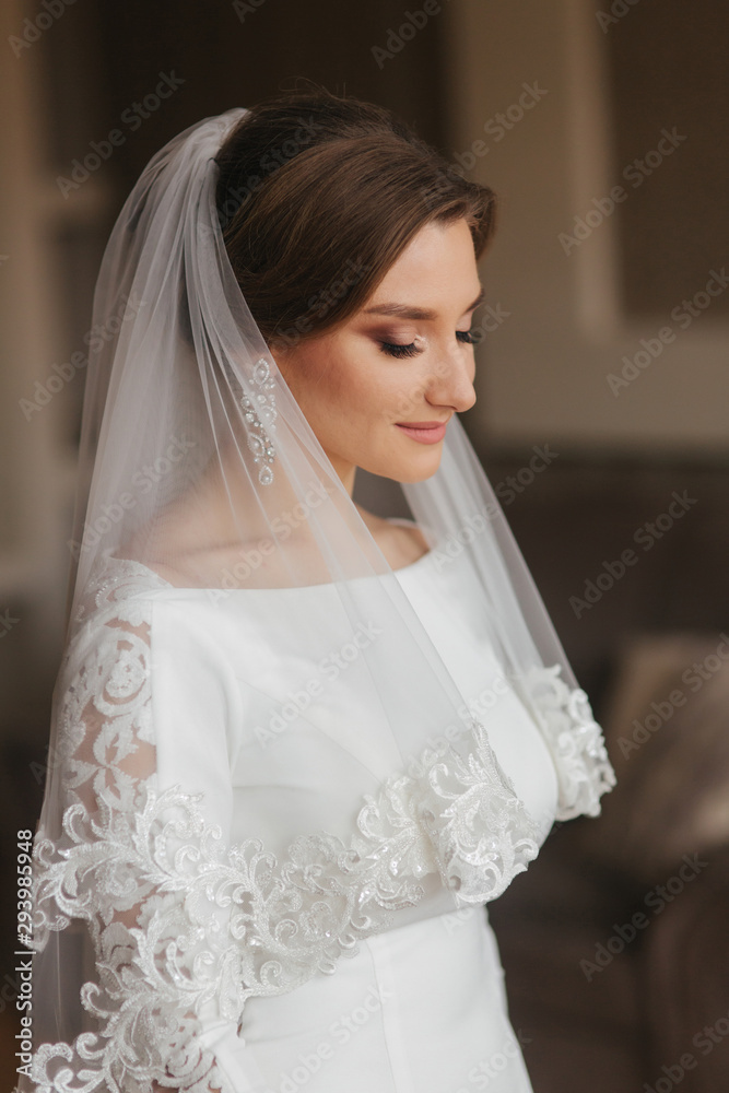 Close up portrait of beautiful bride standing by the window at home. Charming bride in white wedding dress Close up portrait of beautiful bride standing by the window at home. Charming bride in white wedding dress