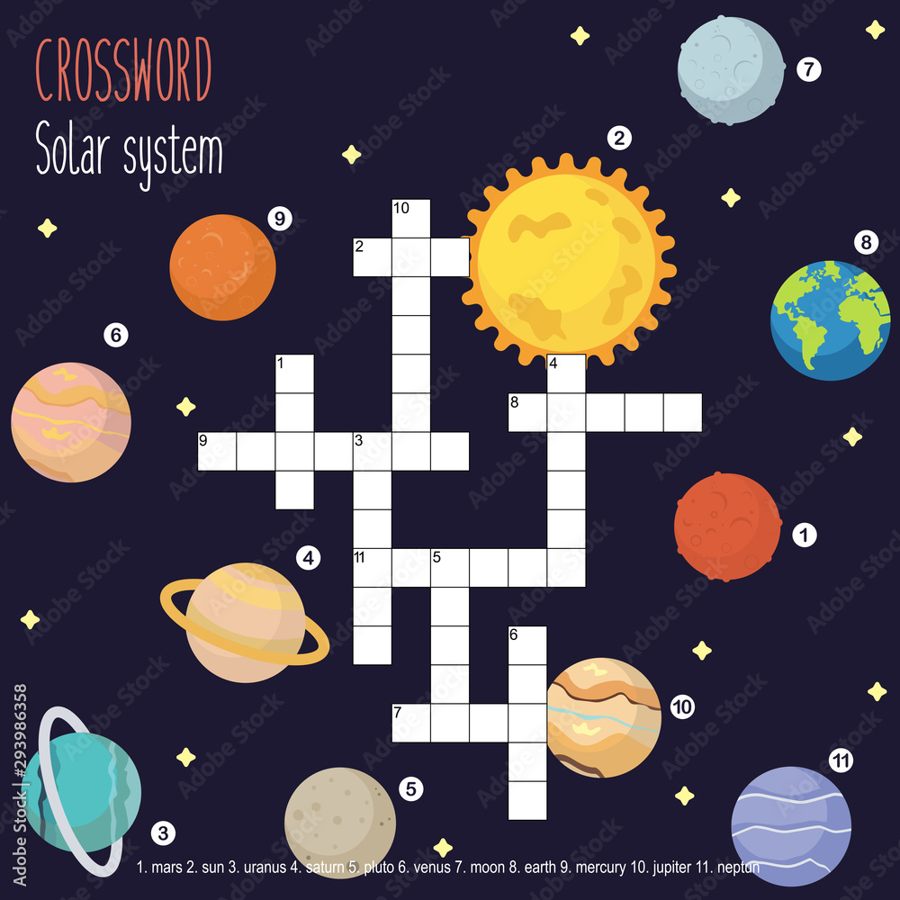 Easy crossword puzzle ‘Solar system’, for children in elementary and
