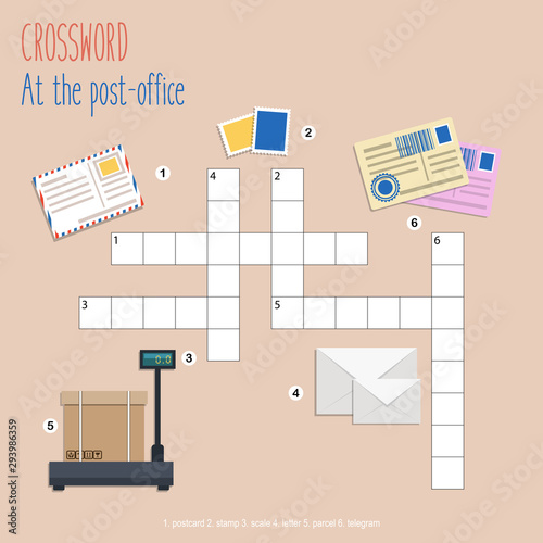Easy crossword puzzle 'At the post-office', for children in elementary and middle school. Fun way to practice language comprehension and expand vocabulary. Includes answers. Vector illustration.