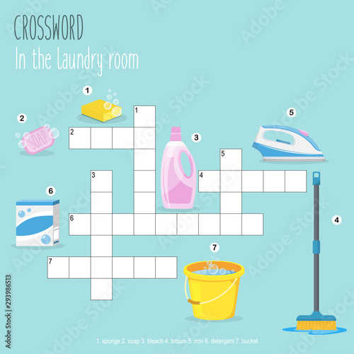 Easy crossword puzzle 'In the laundry room', for children in elementary and middle school. Fun way to practice language comprehension and expand vocabulary. Includes answers. Vector illustration.