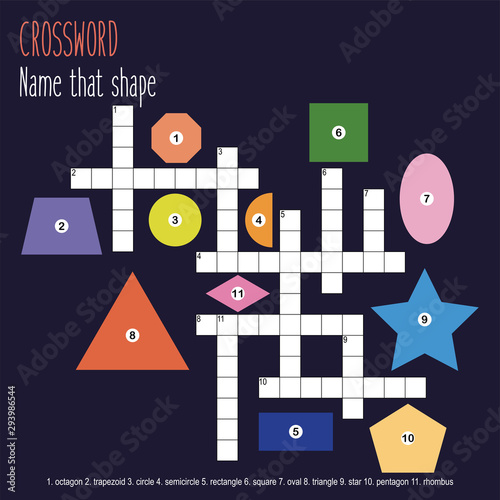 Easy crossword puzzle 'Name that shape', for children in elementary and middle school. Fun way to practice language comprehension and expand vocabulary. Includes answers. Vector illustration.