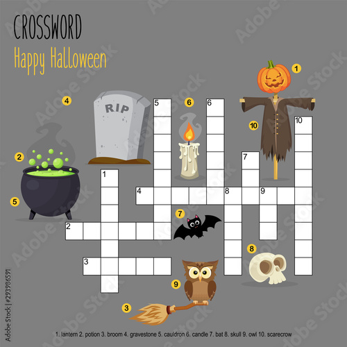 Easy crossword puzzle 'Happy Halloween, for children in elementary and middle school. Fun way to practice language comprehension and expand vocabulary. Includes answers. Vector illustration.