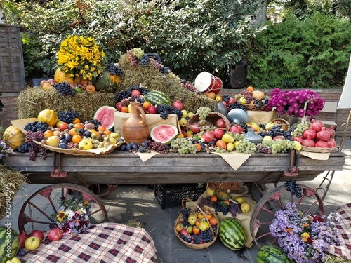 GEORGIA, TBILISI - OCTOBER 5, 2019: Feast in Tbilisi. Harvest festival Tbilisoba. The city is decorated with fruits, flowers, sweets, etc.