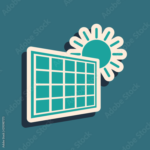 Green Solar energy panel and sun icon isolated on blue background. Long shadow style. Vector Illustration