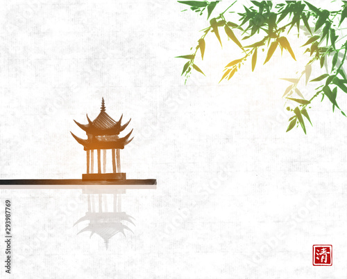 Pagoda temlple over the water surface and green bamboo tree on rice paper backgrund. Traditional Japanese ink wash painting sumi-e. Hieroglyph - clarity.