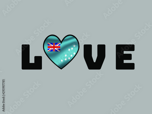 Tuvalu National flag inside Big heart and lettering LOVE. Original color and proportion. vector illustration, world countries from set. Isolated on white background