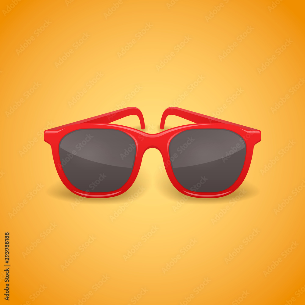 Red realistic sunglasses isolated on yellow background. Vector illustration.