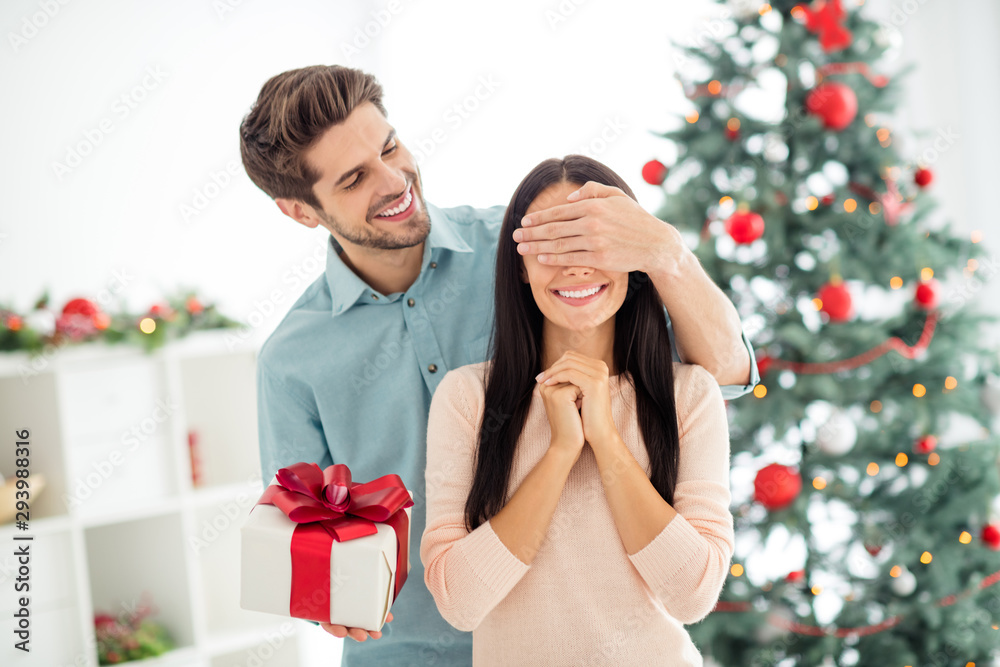 Portrait of two people romantic woman wait for christmas package giving by her husband enjoy noel x-mas tradition in house indoors Portrait of two people romantic woman wait for christmas package giving by her husband enjoy noel x-mas tradition in house indoors
