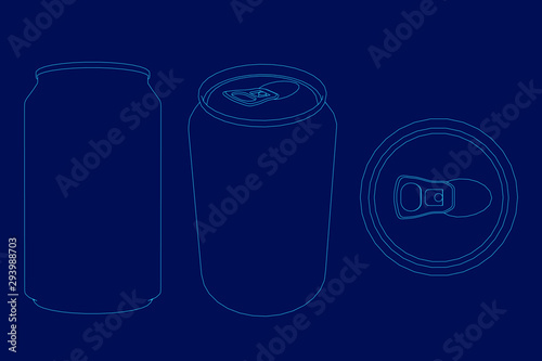 Set with outline metal cans for drinks. Front view, isometric and top view. Vector illustration.