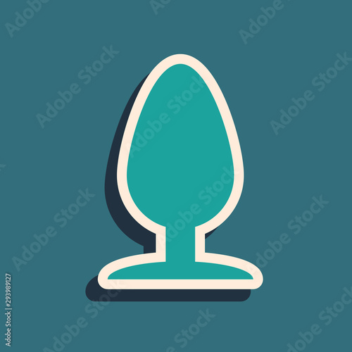 Green Anal plug icon isolated on blue background. Butt plug sign. Fetish accessory. Sex toy for men and woman. Long shadow style. Vector Illustration