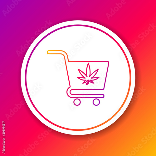 Color line Shopping cart with marijuana or cannabis leaf icon isolated on color background. Online buying. Delivery service. Supermarket basket. Circle white button. Vector Illustration