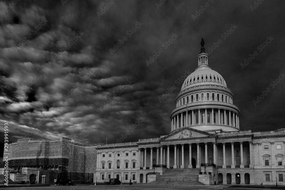 View of Capitol Building during renovation in black and white, Washington DC