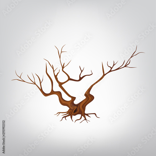 Old dry tree with a hollow. Withered tree, dry wood, dried tree. Dry cartoonish oak. Old leafless tree on a white background.