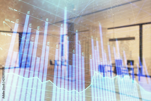 Stock and bond market graph with trading desk bank office interior on background. Multi exposure. Concept of financial analysis