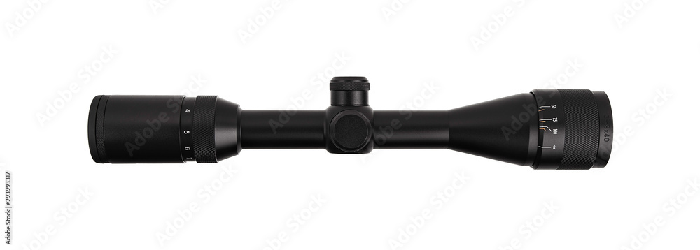 modern black optical scope for weapon isolated on whited. sight scope isolated on white back. modern black optical scope for weapon isolated on whited. sight scope isolated on white back.