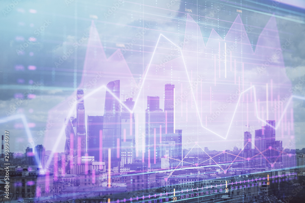 Double exposure of financial graph on downtown veiw background. Concept of stock market research and analysis Double exposure of financial graph on downtown veiw background. Concept of stock market research and analysis