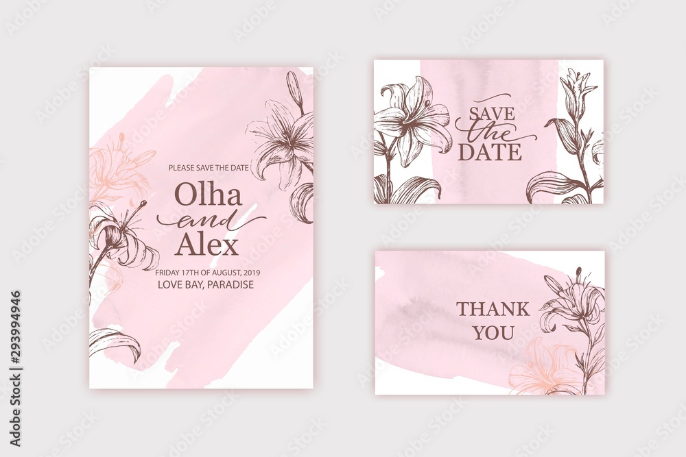 Blush watercolor texture card. Floral, lilies wedding invitation design. Pale pink hand painted brush stroke. Wedding, thank you card, invitation template.