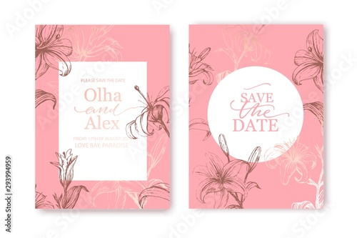 Set of elegant brochure, card, cover. White and rose gold marble texture.   Botanical art. Hand drawn pink lilies. Romantic wedding invitation.