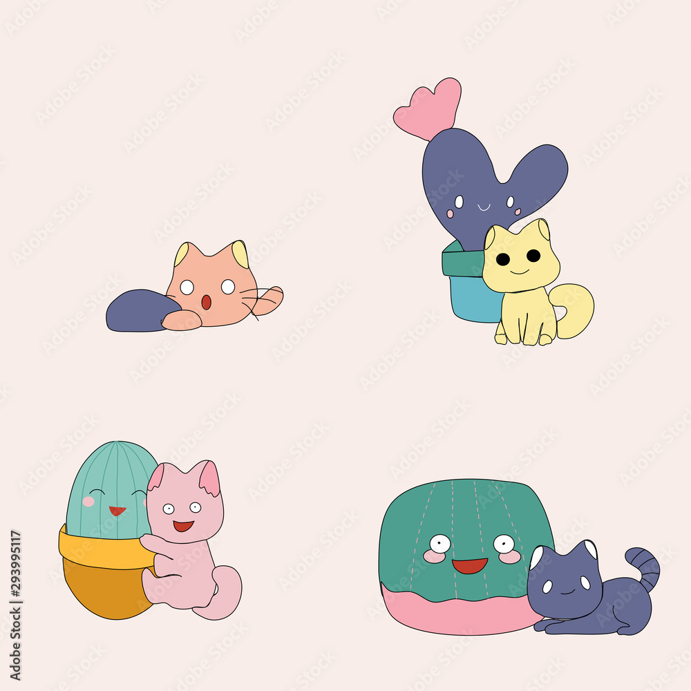 Cute kawaii cats and succulents, vector illustration
