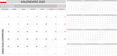 Polish Planner Calendar 2020, Kalendarz planer polski 2020, monthly planning, color calendar template for year 2020, weeks, months, Polish Language, set of 12 months, printable calendar vector 
