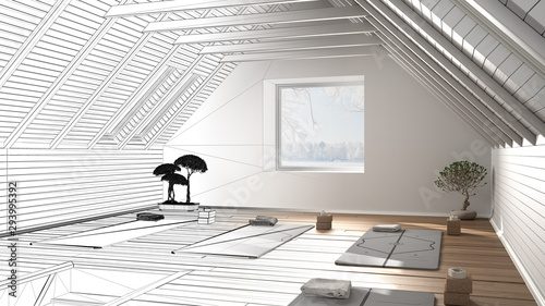 Architect interior designer concept: unfinished project that becomes real, empty yoga studio interior design, minimal space with bonsai, mats and accessories, ready for yoga practice