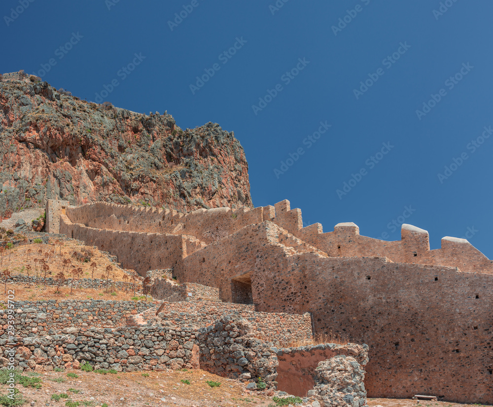 MONEMVASIA/ GREECE JULY 30, 2019: Impressions of the Picturesque Monemvasia fortified town at Peloponnese, Greece