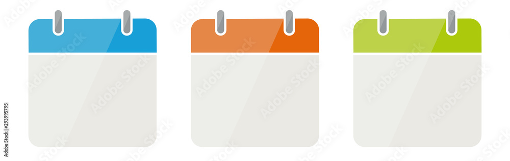 Blank Calendar Icons in Blue, Red and Green, Vector Illustration