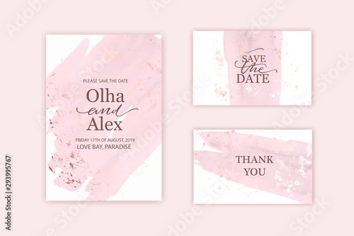 Rose gold and blush watercolor texture card. Pale hand painted brush stroke. Wedding, thank you card, invitation template.