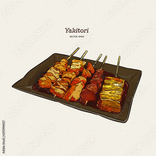 Yakitori Skewers Illustration of a hand drawn Japanese food. - Vector