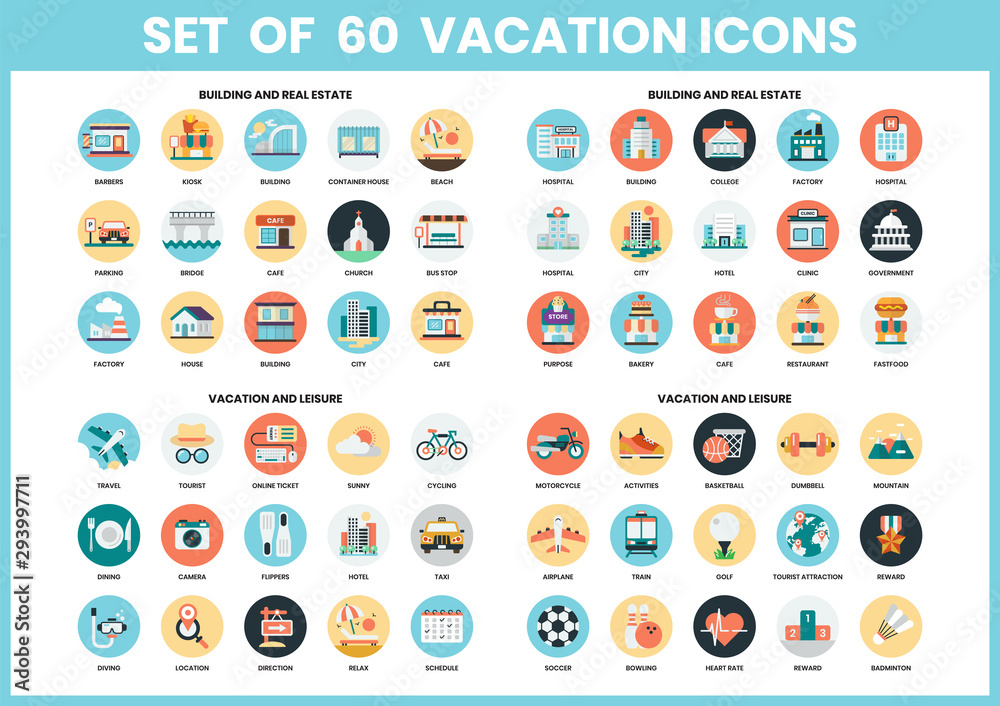 Vacation icons set for business - obrazy, fototapety, plakaty 
