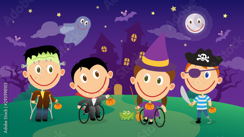 Disabled children in halloween costumes characters set. Vector group illustration