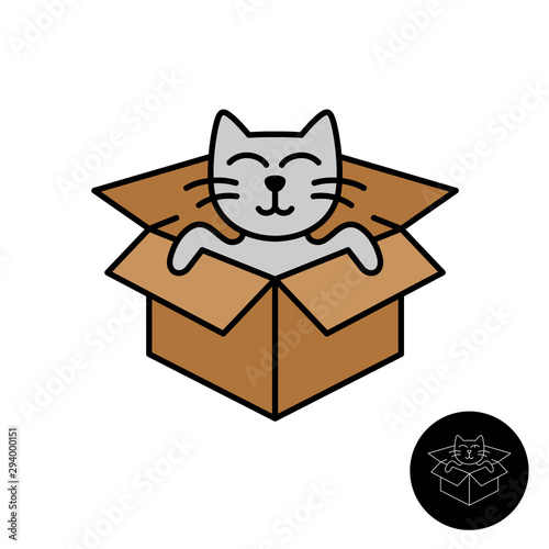 Cat from the box logo. Cute cartoon cat illustration come out from the cardboard cube box. Animals adoption symbol.