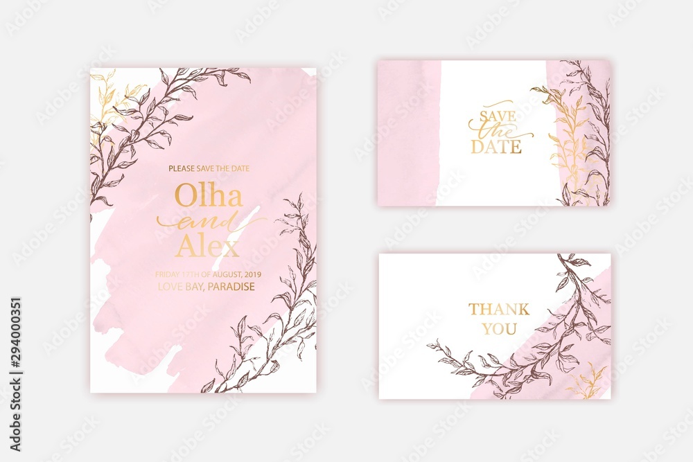 Blush watercolor texture card. Floral wedding invitation design. Pale pink hand painted brush stroke. Thank you card, invitation template.