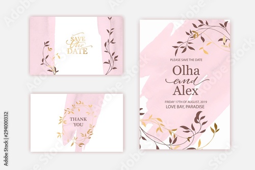 Blush watercolor texture card. Floral wedding invitation design. Pale pink hand painted brush stroke. Thank you card, invitation template.