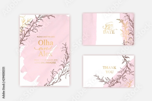 Blush watercolor texture card. Floral wedding invitation design. Pale pink hand painted brush stroke. Thank you card, invitation template.