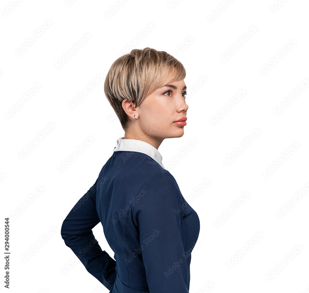 Serious young businesswoman in blue dress isolated Serious young businesswoman in blue dress isolated