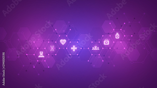 Healthcare and technology concept with flat icons and symbols. Template design for health care business, innovation medicine, science background, medical research. Vector illustration.