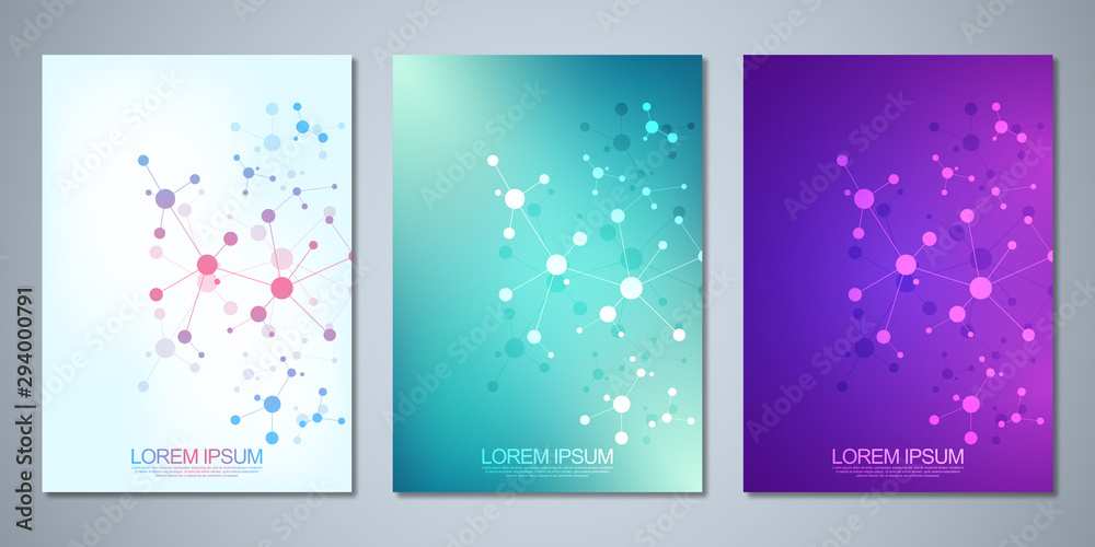 Vector template brochures or cover design, book, flyer, with molecules background and neural network. Abstract geometric background of connected lines and dots. Science and technology concept.